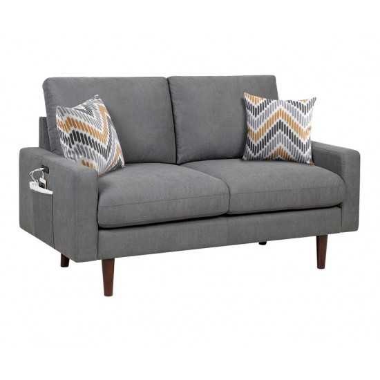 Abella Mid-Century Modern Dark Gray Woven Fabric Loveseat Couch with USB Charging Ports & Pillows