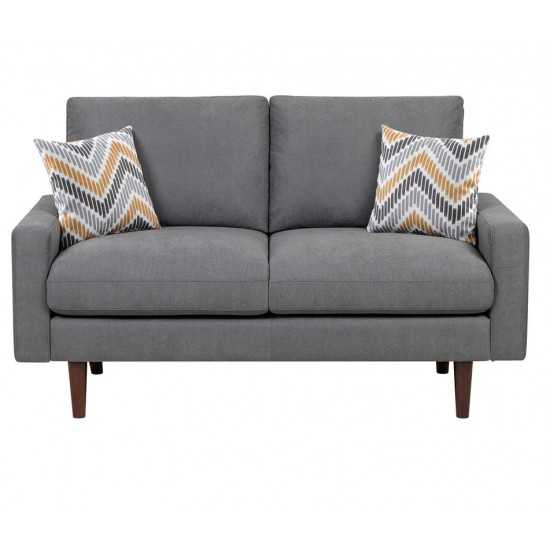 Abella Mid-Century Modern Dark Gray Woven Fabric Loveseat Couch with USB Charging Ports & Pillows