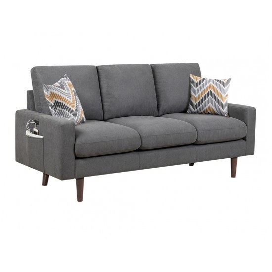 Abella Mid-Century Modern Dark Gray Woven Fabric Sofa Couch with USB Charging Ports & Pillows