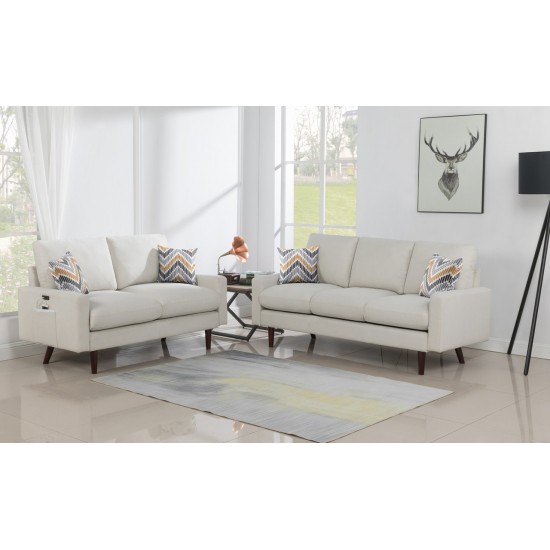 Abella Mid-Century Modern Beige Woven Fabric Sofa and Loveseat Living Room Set with USB Charging Ports & Pillows