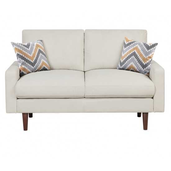 Abella Mid-Century Modern Beige Woven Fabric Sofa and Loveseat Living Room Set with USB Charging Ports & Pillows