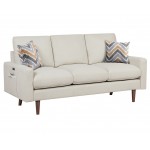 Abella Mid-Century Modern Beige Woven Fabric Sofa and Loveseat Living Room Set with USB Charging Ports & Pillows