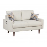 Abella Mid-Century Modern Beige Woven Fabric Sofa and Loveseat Living Room Set with USB Charging Ports & Pillows