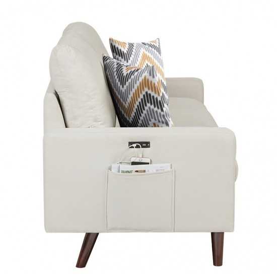 Abella Mid-Century Modern Beige Woven Fabric Sofa and Loveseat Living Room Set with USB Charging Ports & Pillows