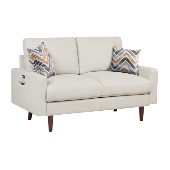 Abella Mid-Century Modern Beige Woven Fabric Loveseat Couch with USB Charging Ports & Pillows