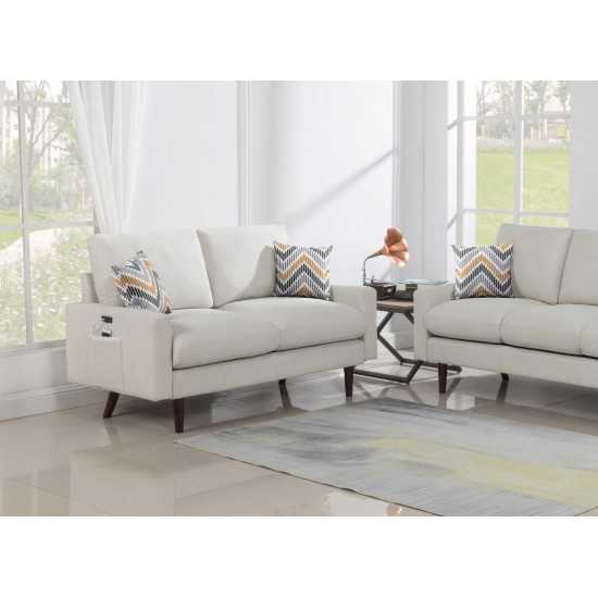 Abella Mid-Century Modern Beige Woven Fabric Loveseat Couch with USB Charging Ports & Pillows