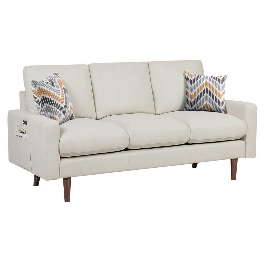 Abella Mid-Century Modern Beige Woven Fabric Sofa Couch with USB Charging Ports & Pillows Abella Mid-Century Modern Beige Woven Fabric Sofa Couch with USB Charging Ports & Pillows