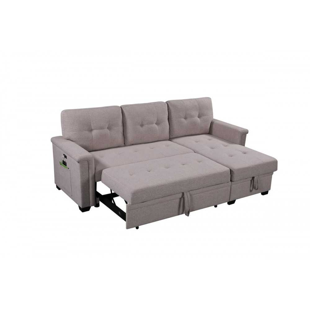 Ashlyn Light Gray Reversible Sleeper Sectional Sofa with Storage Chaise, USB Charging Ports and Pocket