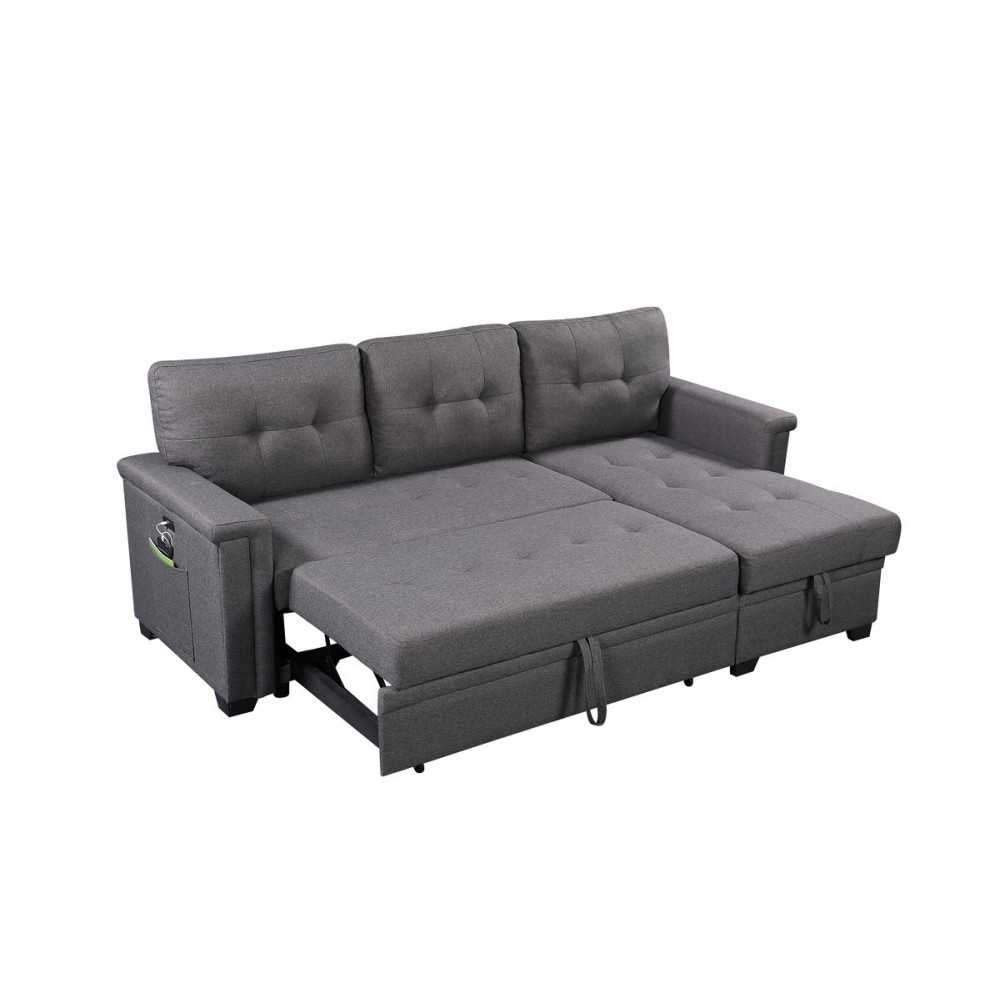 Ashlyn Dark Gray Reversible Sleeper Sectional Sofa with Storage Chaise, USB Charging Ports and Pocket