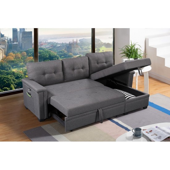 Ashlyn Dark Gray Reversible Sleeper Sectional Sofa with Storage Chaise, USB Charging Ports and Pocket