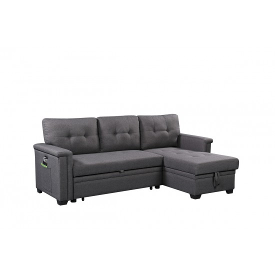 Ashlyn Dark Gray Reversible Sleeper Sectional Sofa with Storage Chaise, USB Charging Ports and Pocket