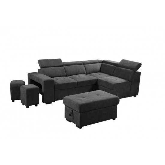 Henrik Dark Gray Sleeper Sectional Sofa with Storage Ottoman and 2 Stools