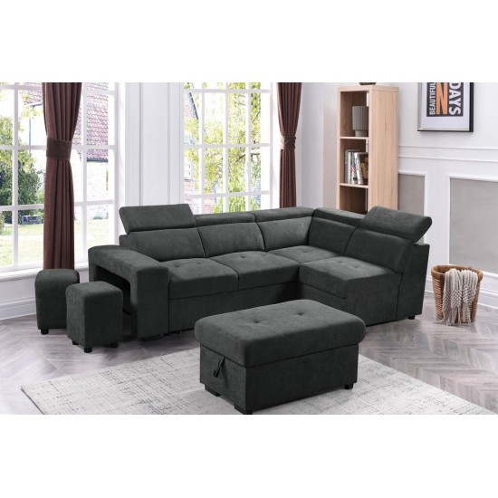 Henrik Dark Gray Sleeper Sectional Sofa with Storage Ottoman and 2 Stools