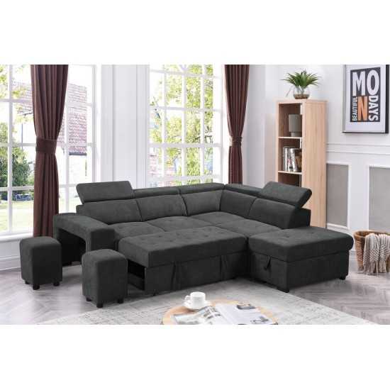 Henrik Dark Gray Sleeper Sectional Sofa with Storage Ottoman and 2 Stools