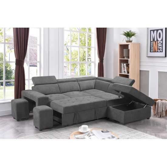 Henrik Light Gray Sleeper Sectional Sofa with Storage Ottoman and 2 Stools