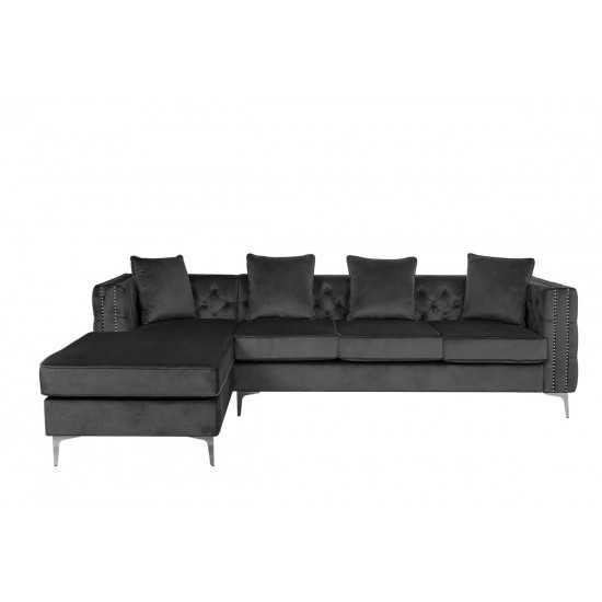 Ryan Dark Gray Velvet Reversible Sectional Sofa Chaise with Nail-Head Trim