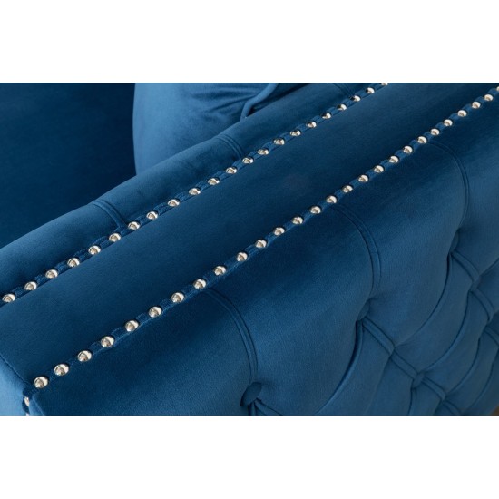 Ryan Deep Blue Velvet Reversible Sectional Sofa Chaise with Nail-Head Trim