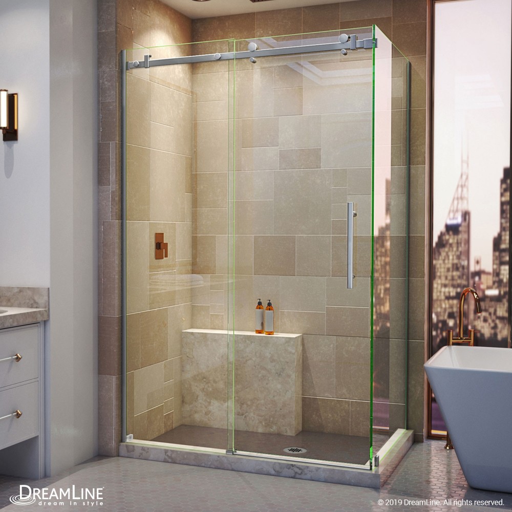 Enigma Air 34 3/4 in. D x 48 3/8 in. W x 76 in. H Frameless Sliding Shower Enclosure in Brushed Stainless Steel