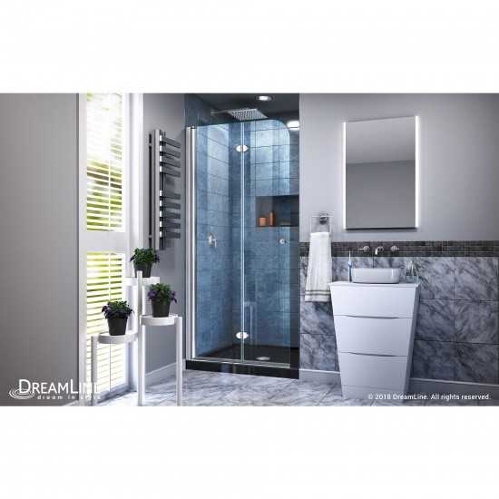 Aqua Fold 32 in. D x 32 in. W x 74 3/4 in. H Frameless Bi-Fold Shower Door in Chrome with Black Acrylic Base Kit