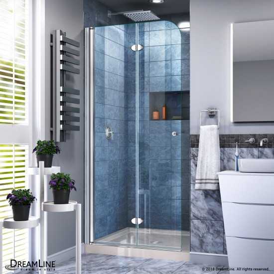 Aqua Fold 32 in. D x 32 in. W x 74 3/4 in. H Frameless Bi-Fold Shower Door in Chrome with Biscuit Acrylic Base Kit