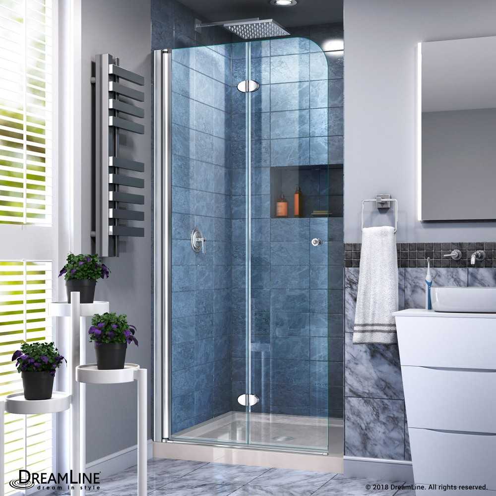 Aqua Fold 32 in. D x 32 in. W x 74 3/4 in. H Frameless Bi-Fold Shower Door in Chrome with Biscuit Acrylic Base Kit