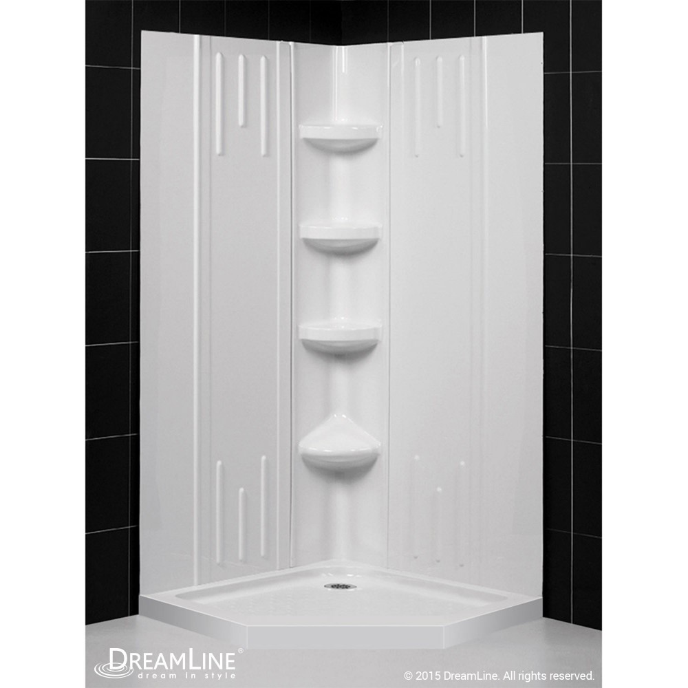 36 in. x 36 in. x 75 5/8 in. H Neo-Angle Shower Base and QWALL-2 Acrylic Corner Backwall Kit in White