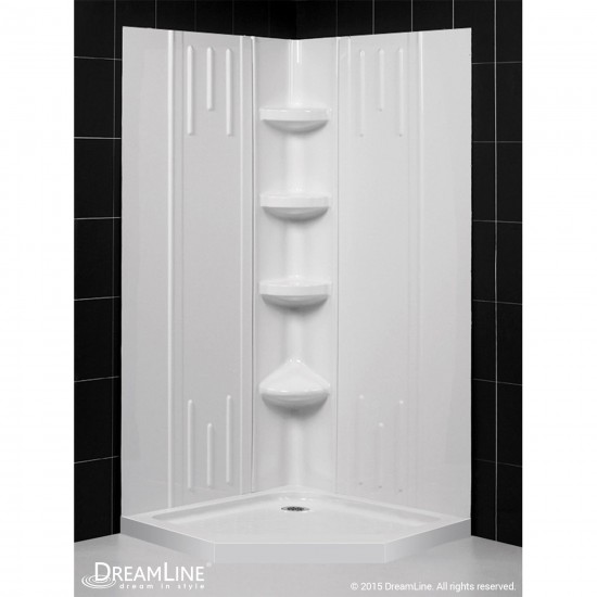 42 in. x 42 in. x 75 5/8 in. H Neo-Angle Shower Base and QWALL-2 Acrylic Corner Backwall Kit in White