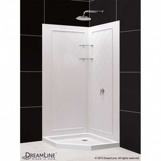 36 in. x 36 in. x 76 3/4 in. H Neo-Angle Shower Base and QWALL-4 Acrylic Corner Backwall Kit in White