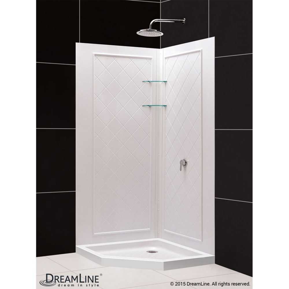 42 in. x 42 in. x 76 3/4 in. H Neo-Angle Shower Base and QWALL-4 Acrylic Corner Backwall Kit in White