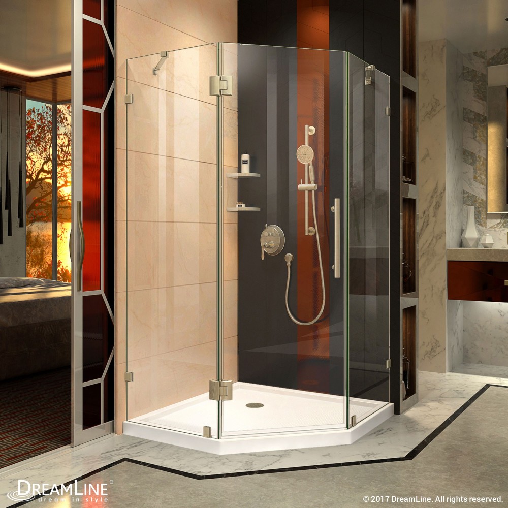 Prism Lux 38 in. x 74 3/4 in. Fully Frameless Neo-Angle Shower Enclosure in Brushed Nickel with White Base