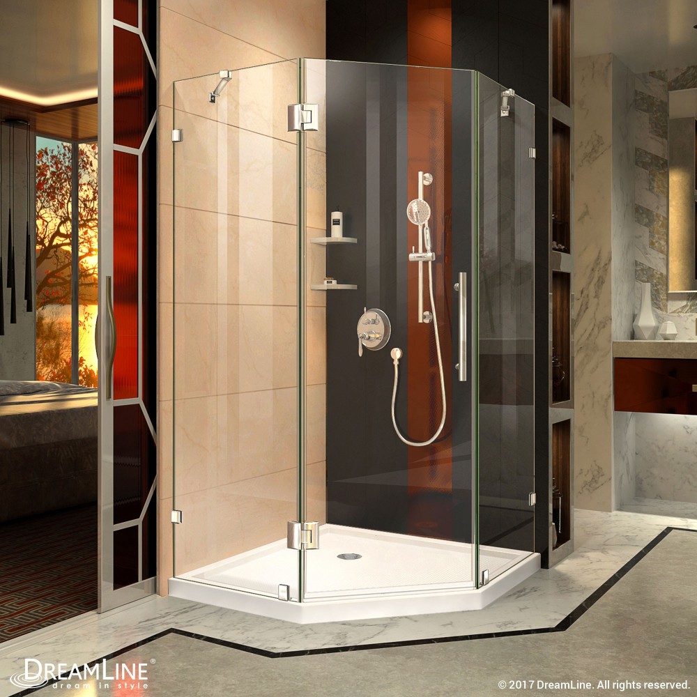 Prism Lux 42 in. x 74 3/4 in. Fully Frameless Neo-Angle Shower Enclosure in Chrome with White Base