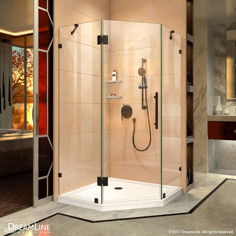 Prism Lux 36 in. x 74 3/4 in. Fully Frameless Neo-Angle Shower Enclosure in Satin Black with White Base