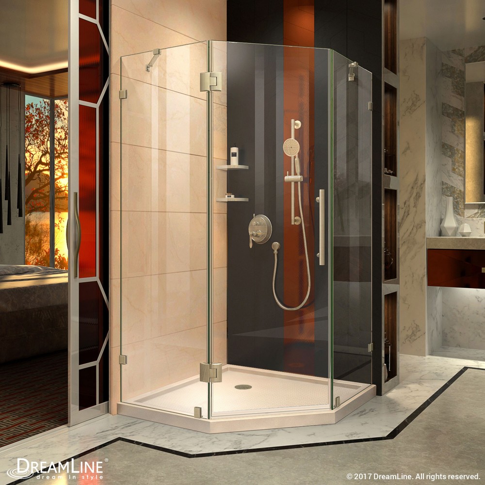 Prism Lux 38 in. x 74 3/4 in. Fully Frameless Neo-Angle Shower Enclosure in Brushed Nickel with Biscuit Base