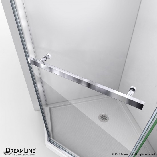 Prism 36 in. x 74 3/4 in. Frameless Neo-Angle Pivot Shower Enclosure in Brushed Nickel with White Base Kit