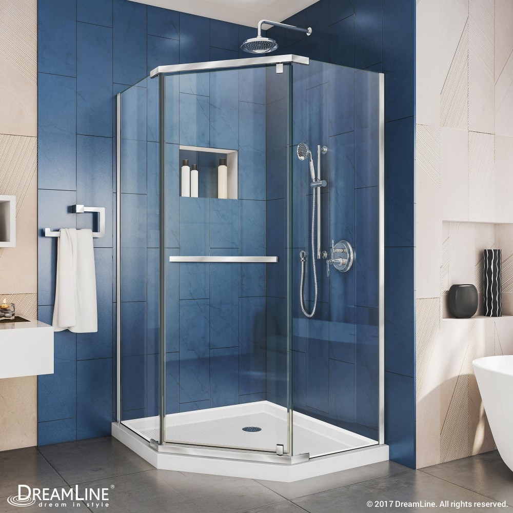 Prism 42 in. x 74 3/4 in. Frameless Neo-Angle Pivot Shower Enclosure in Chrome with White Base Kit