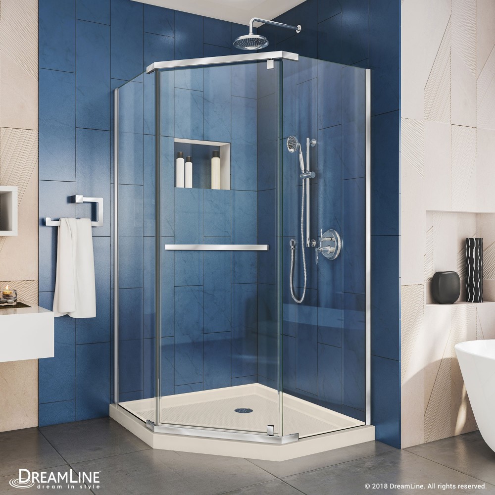 Prism 40 in. x 74 3/4 in. Frameless Neo-Angle Pivot Shower Enclosure in Chrome with Biscuit Base Kit