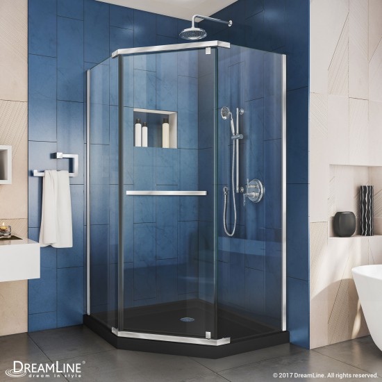 Prism 36 in. x 74 3/4 in. Frameless Neo-Angle Pivot Shower Enclosure in Chrome with Black Base Kit