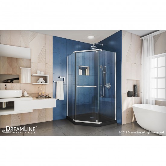 Prism 38 in. x 74 3/4 in. Frameless Neo-Angle Pivot Shower Enclosure in Chrome with Black Base Kit