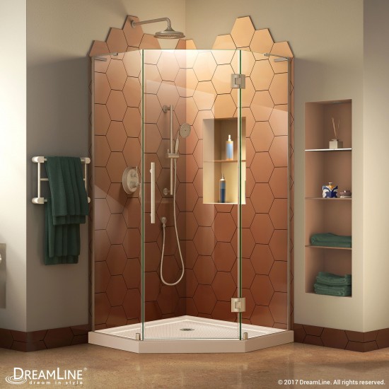 Prism Plus 38 in. x 74 3/4 in. Frameless Neo-Angle Shower Enclosure in Brushed Nickel with Biscuit Base