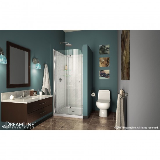 Aqua Fold 36 in. D x 36 in. W x 76 3/4 in. H Frameless Bi-Fold Shower Door in Chrome with White Base and Backwall Kit