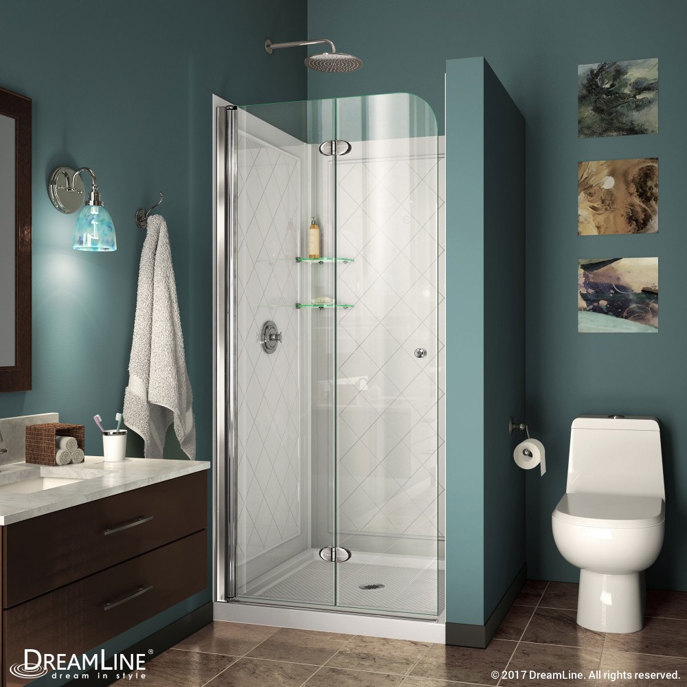 Aqua Fold 32 in. D x 32 in. W x 76 3/4 in. H Frameless Bi-Fold Shower Door in Chrome with White Base and Backwall Kit