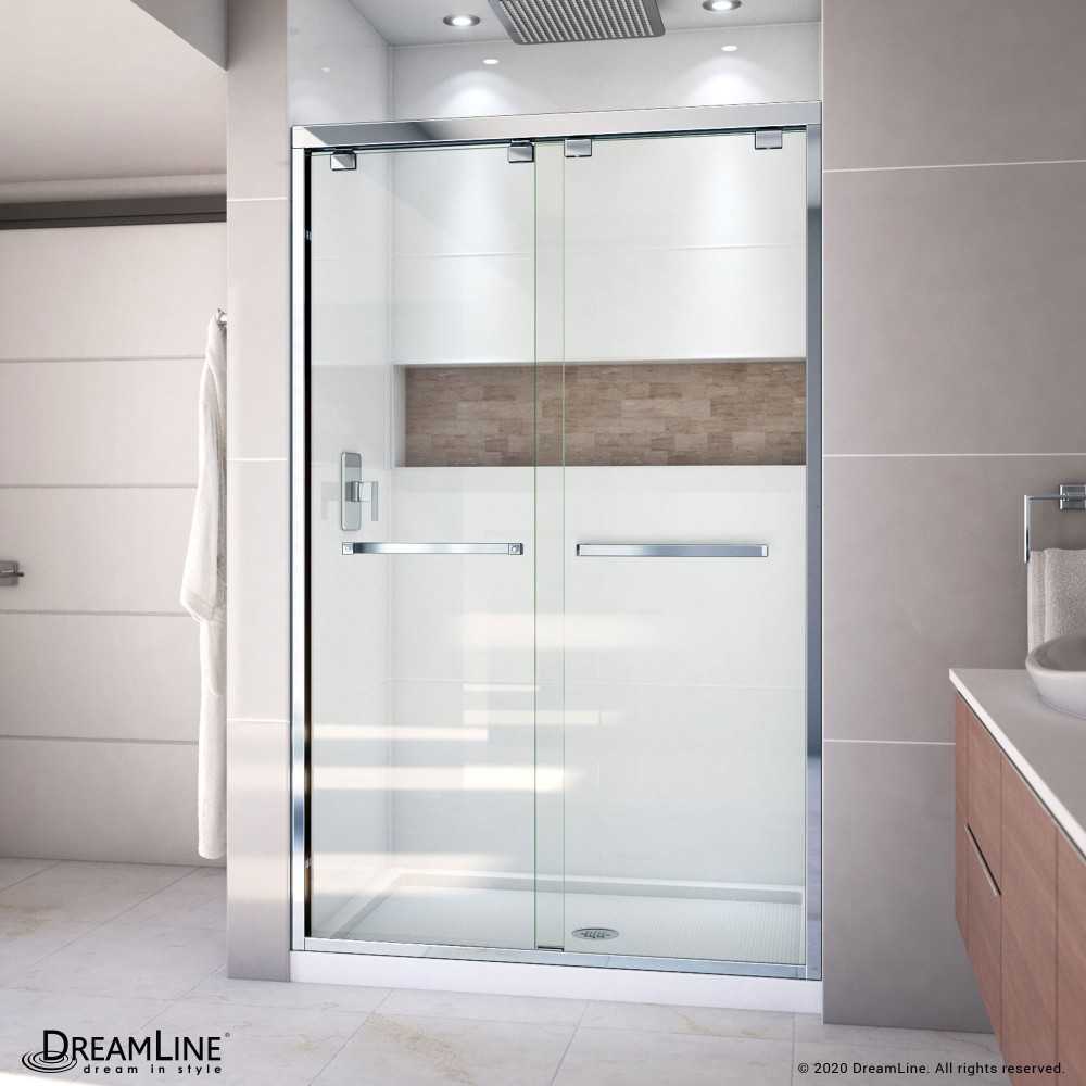 Encore 36 in. D x 48 in. W x 78 3/4 in. H Bypass Shower Door in Chrome with Center Drain White Base Kit