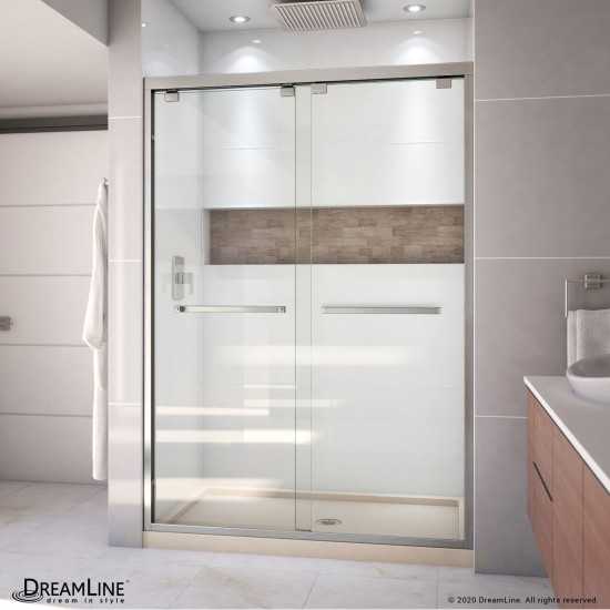 Encore 32 in. D x 54 in. W x 78 3/4 in. H Bypass Shower Door in Brushed Nickel and Center Drain Biscuit Base Kit