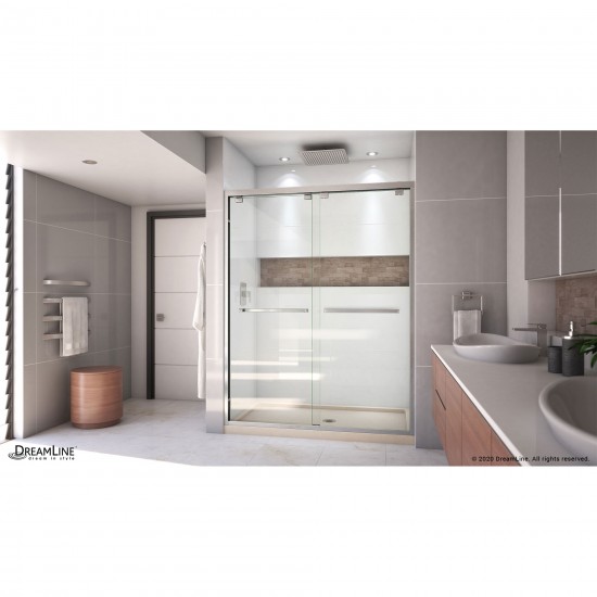 Encore 30 in. D x 60 in. W x 78 3/4 in. H Bypass Shower Door in Brushed Nickel and Center Drain Biscuit Base Kit