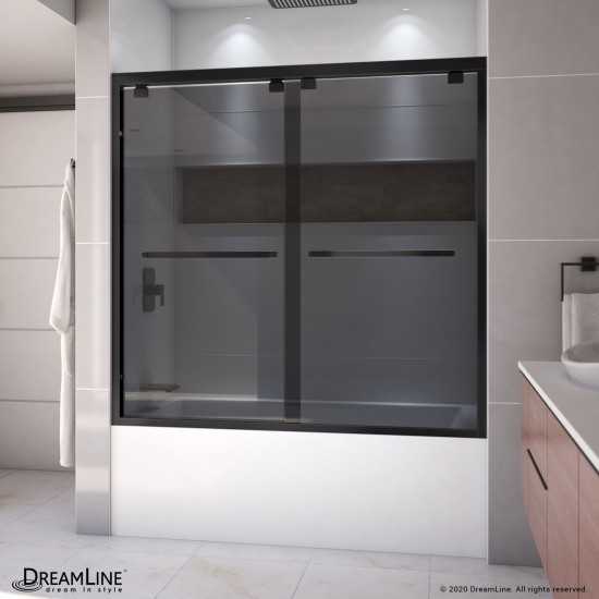Encore 56-60 in. W x 58 in. H Semi-Frameless Bypass Sliding Tub Door in Satin Black and Gray Glass