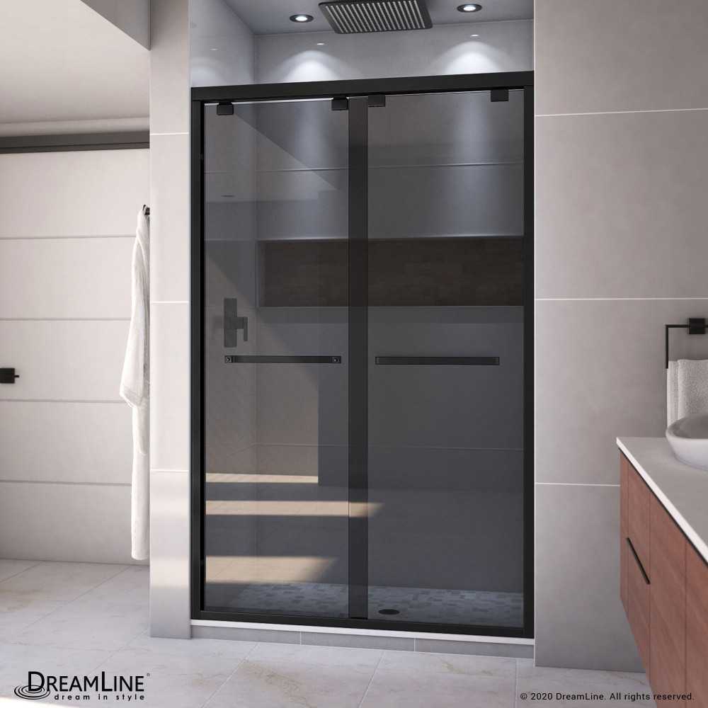 Encore 44-48 in. W x 76 in. H Semi-Frameless Bypass Sliding Shower Door in Satin Black and Gray Glass