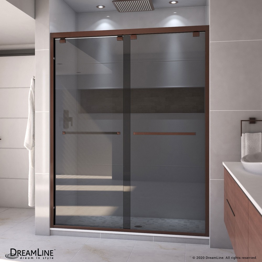 Encore 56-60 in. W x 76 in. H Semi-Frameless Bypass Sliding Shower Door in Oil Rubbed Bronze and Gray Glass