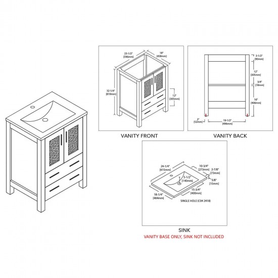 Sydney 24 Inch Vanity Base Only - White