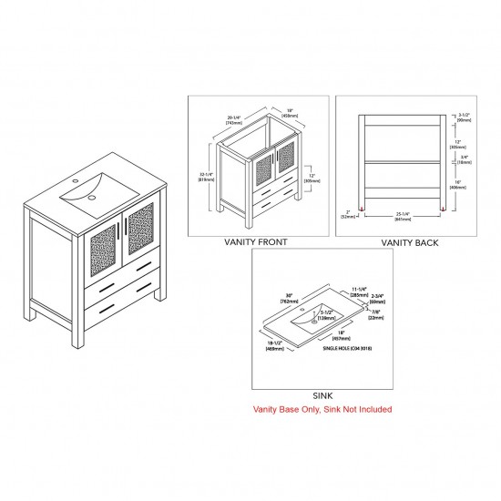 Sydney 30 Inch Vanity Base Only - White