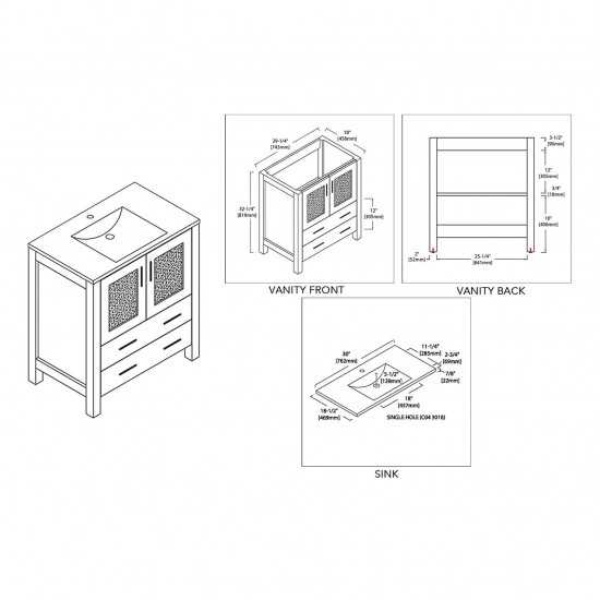 Sydney 30 Inch Vanity with Ceramic Sink - White